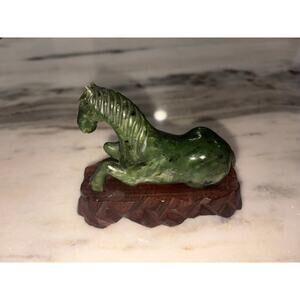 Vintage Chinese Carved Green Stone Resting Horse Figurine Custom Wood Base